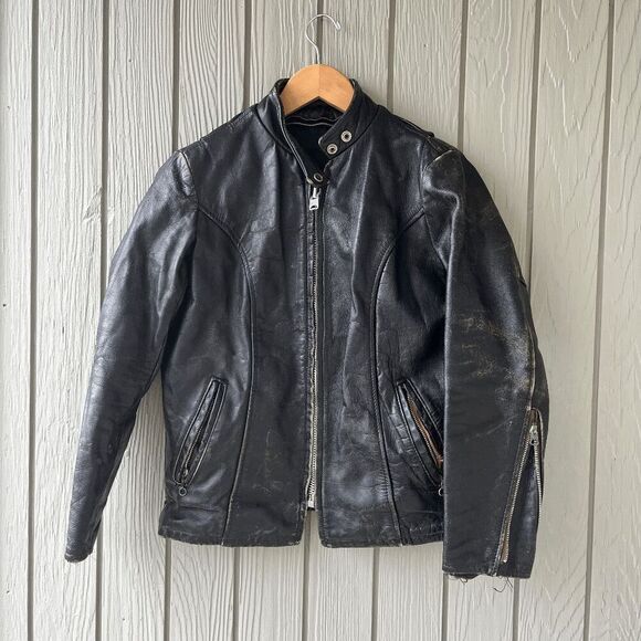 Vintage 50s Women's Black Leather Moto Jacket, S, SCHOTT Distressed - Picture 11 of 11